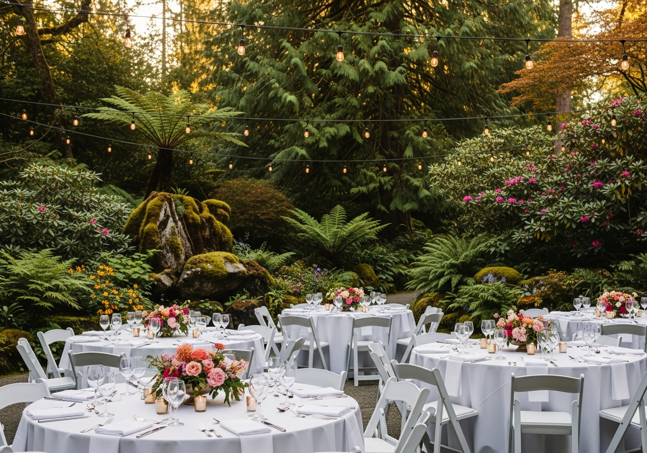 An elegant outdoor event setup in the gardens