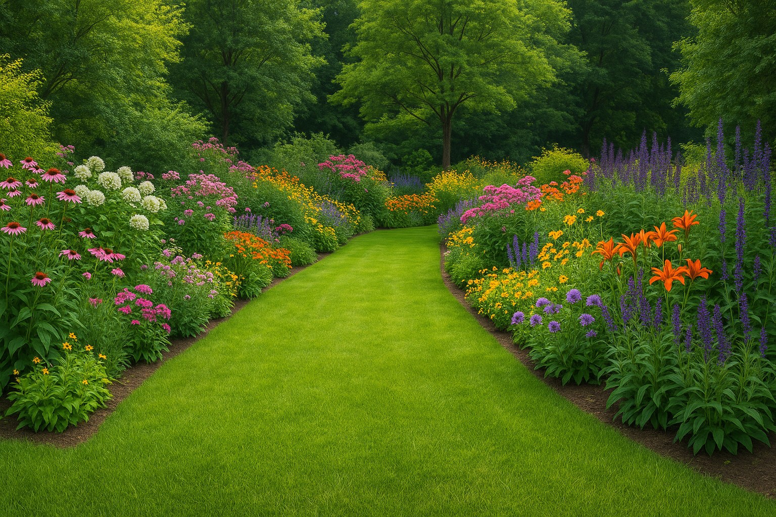 Olympia Gardens — flower beds along a curving lawn path