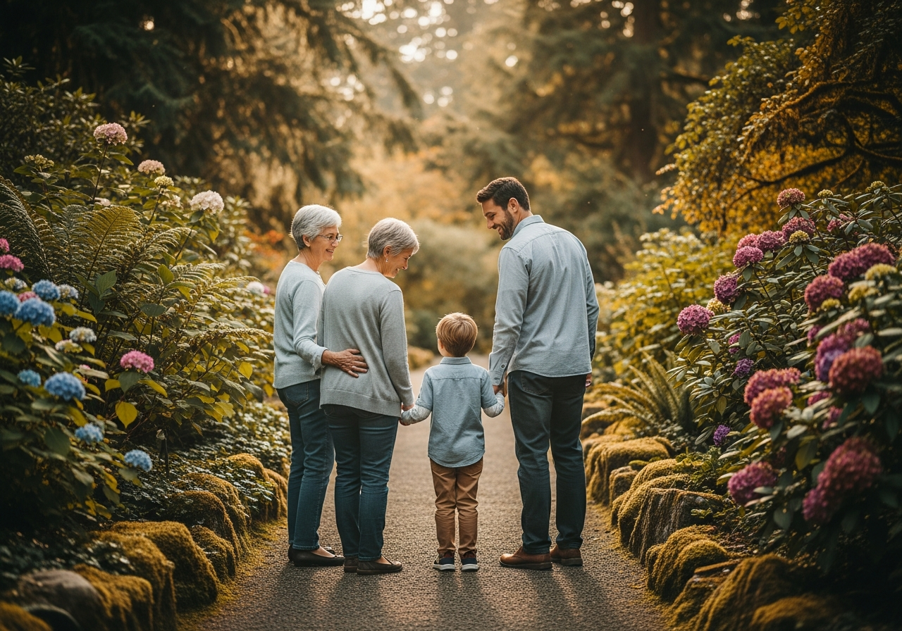 A family enjoying a sunlit garden path